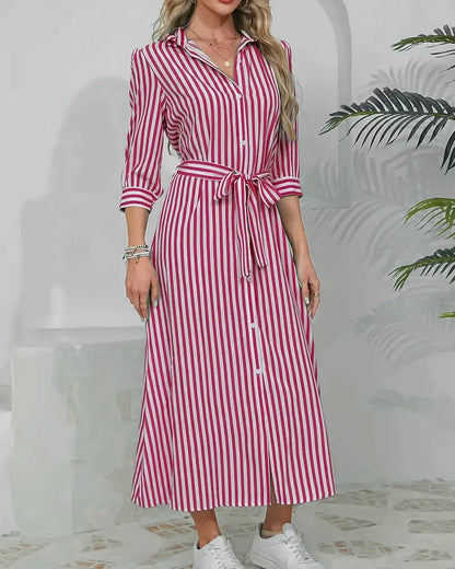 Vestido camisero de mujer a rayas con cuello de solapa y botones delanteros