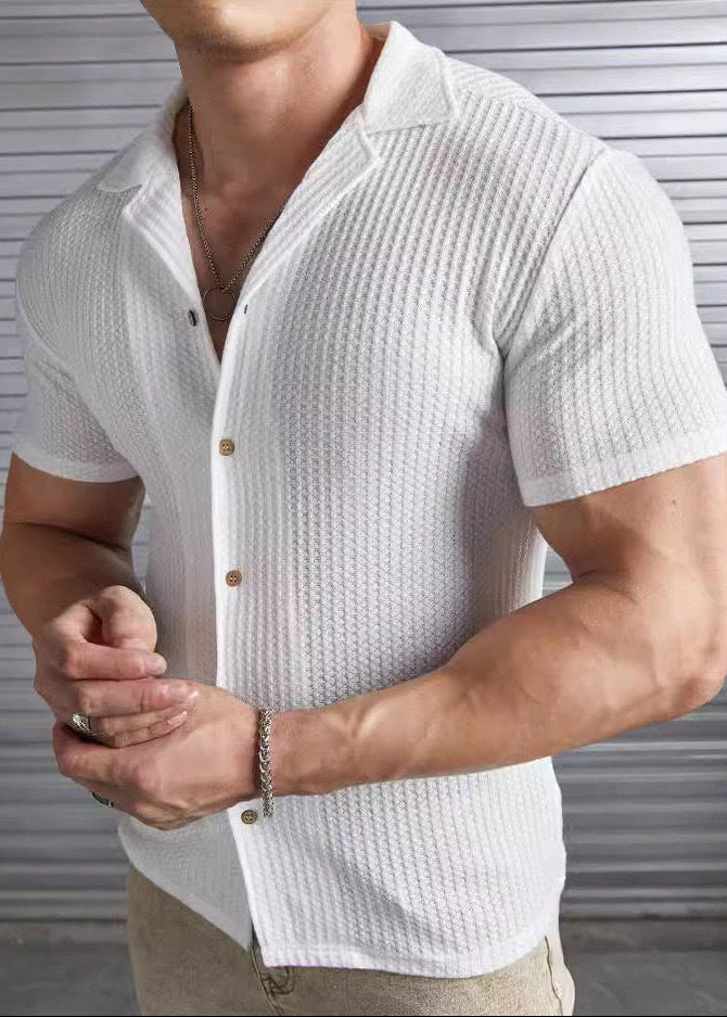Camiseta Henley de verano para hombre, con textura de nido de abeja y mangas cortas