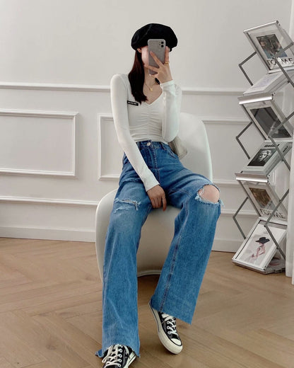 Women's Dark Blue Wide and Straight Leg Pants with Zip and Button Closure