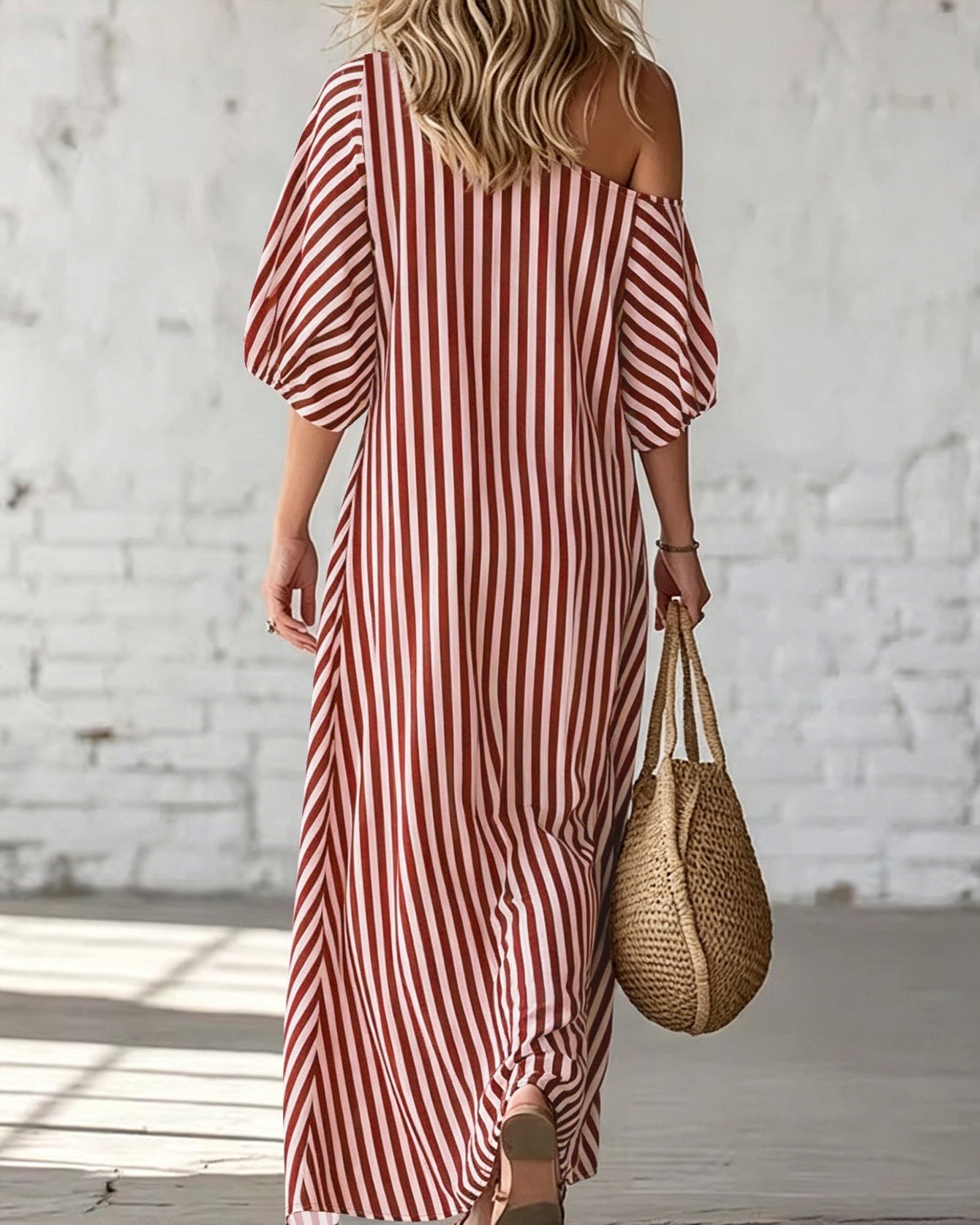 Women’s Long Summer Striped Dress with One-Shoulder Neckline and Ruffle