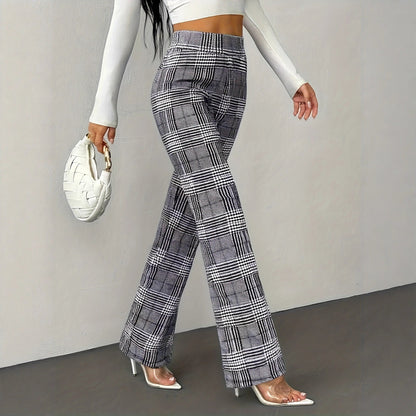 Women's High-Waisted Houndstooth Wide-Leg Trousers with a Straight Cut
