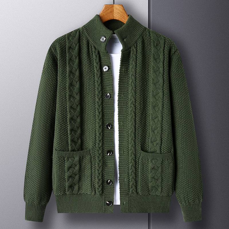 Men's Autumn Jacquard Knit Cardigan, Retro Style, Button Closure, Pockets, and Loose Fit.