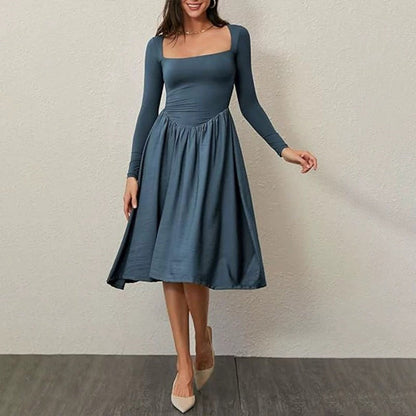 Abito Midi Donna a Linea A con Girocollo e Maniche Lunghe – Tinta Unita
