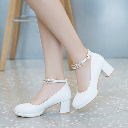 Zapatos de mujer con plataforma, hebilla con perlas y tacón ancho – zapatos elegantes