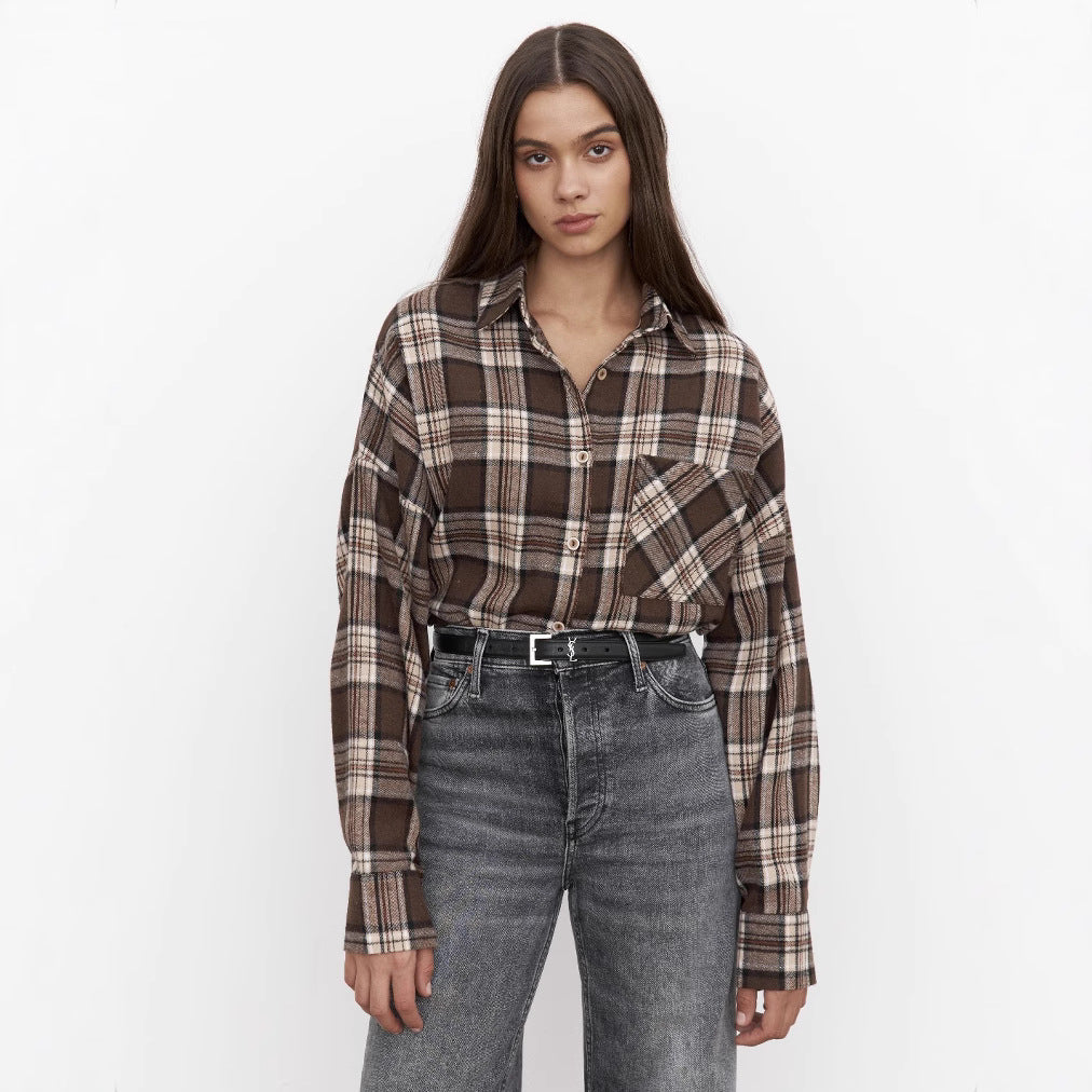 Women's Long Sleeve Shirt with Checkered Pattern and Turn-Down Collar