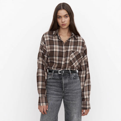 Women's Long Sleeve Shirt with Checkered Pattern and Turn-Down Collar