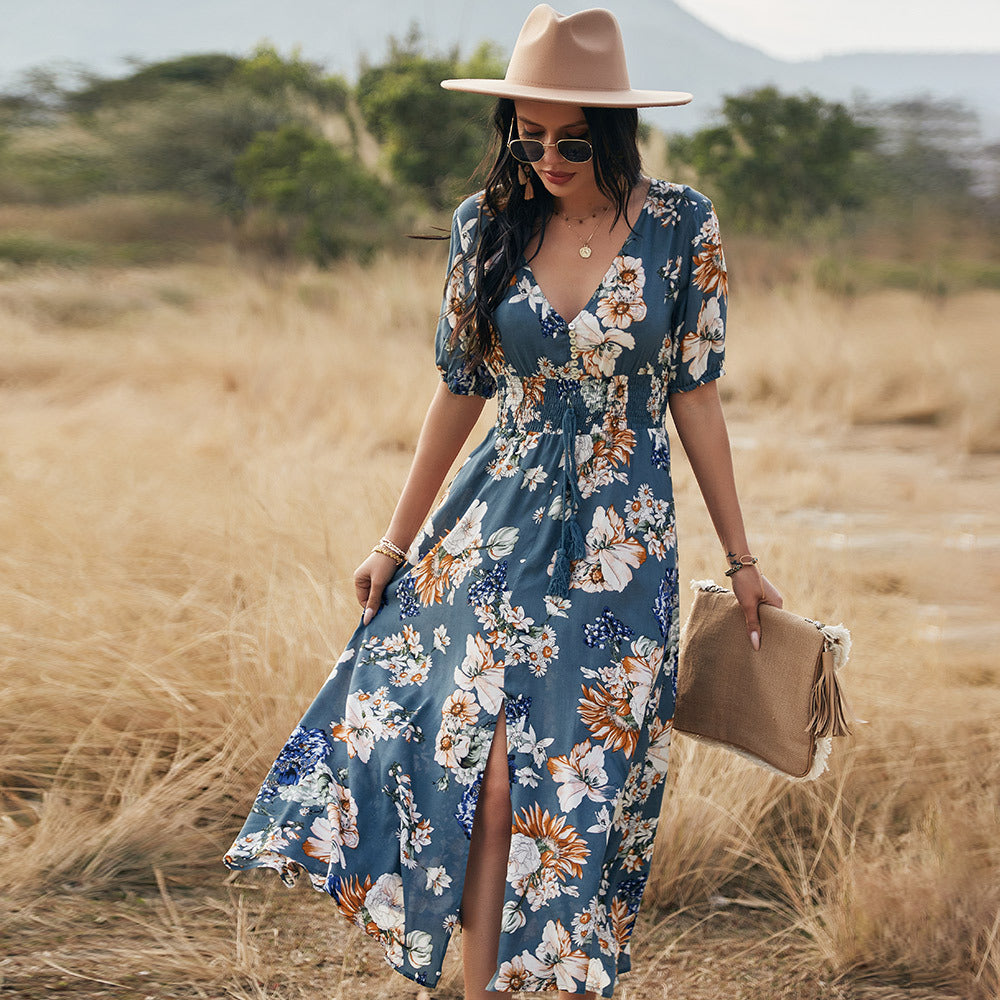 Women’s Summer Midi Dress with Floral Print and V-Neckline