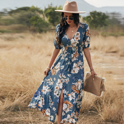 Women’s Summer Midi Dress with Floral Print and V-Neckline