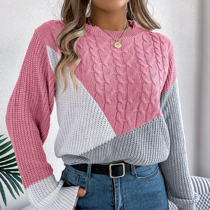 Dame langærmet sweater med twiststrik og kontrastdetaljer