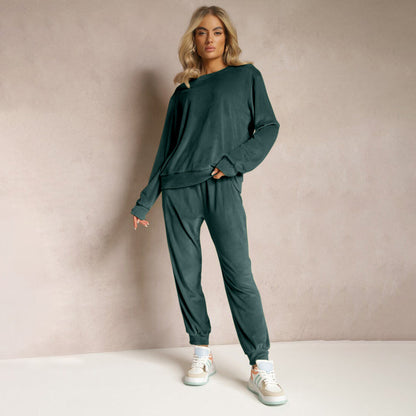 Women's Two-Piece Set with Long Sleeve Top and Straight Leg Pants – Casual Set