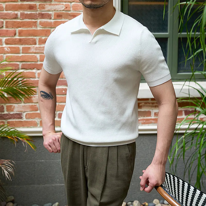 Herreskjorte med lange ærmer, rund hals og ribkanter – Business casual stil