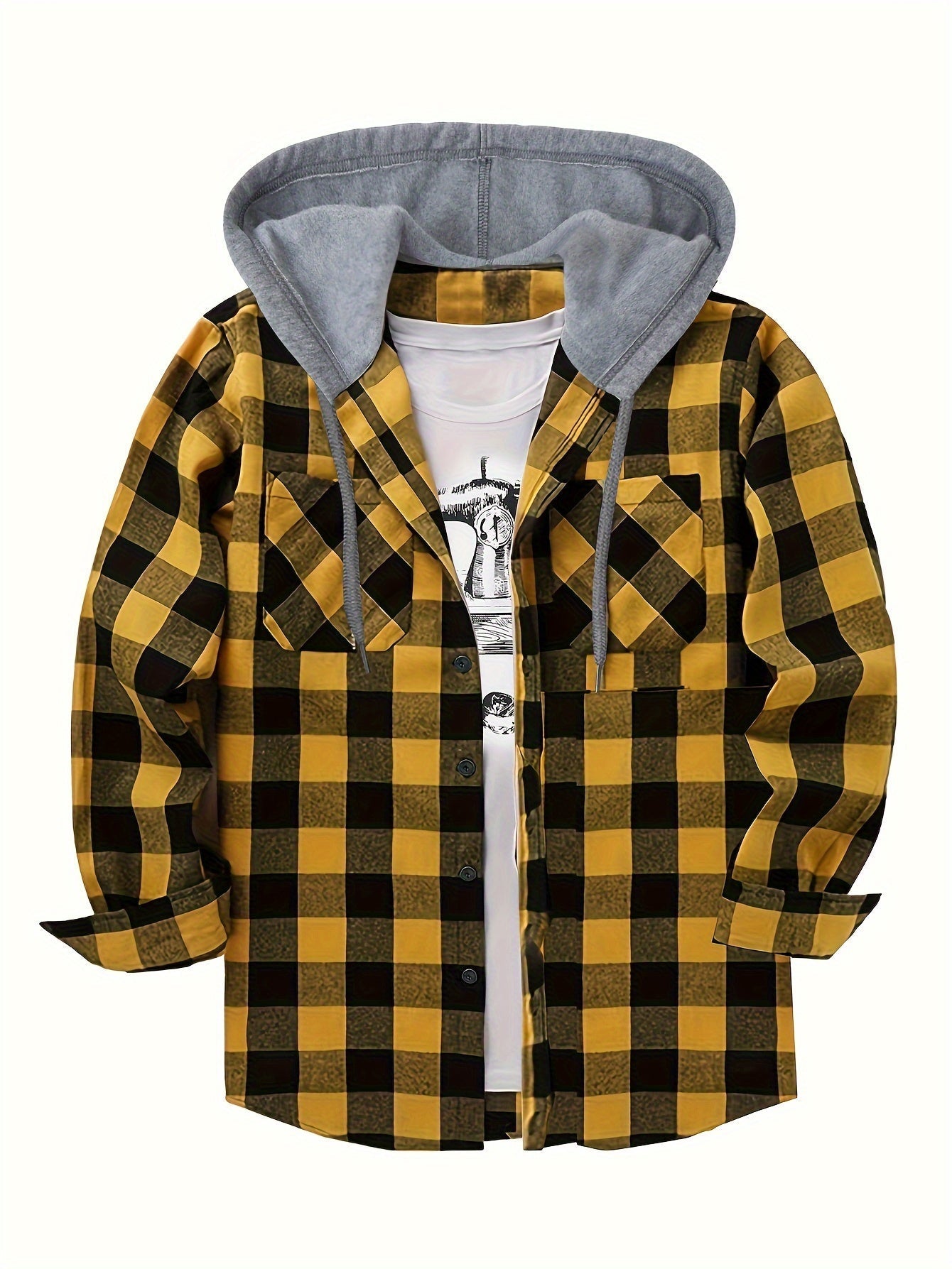 Men's Autumn Flannel Shirt-Jacket with Hood and Checkered Pattern