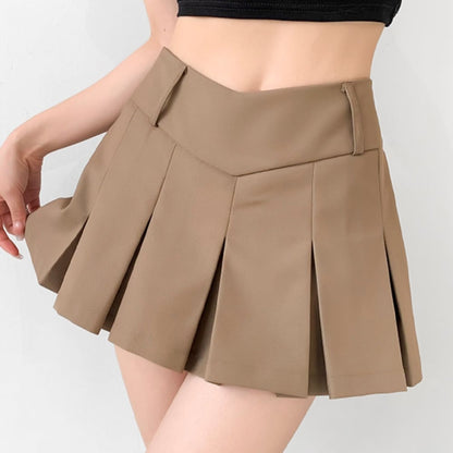 Gonna Mini da Donna a Campana con Vita a V, Pieghe e Shorts Interni