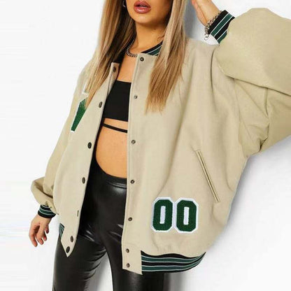 Women's Baseball Style Jacket with Letter Print and Button Closure