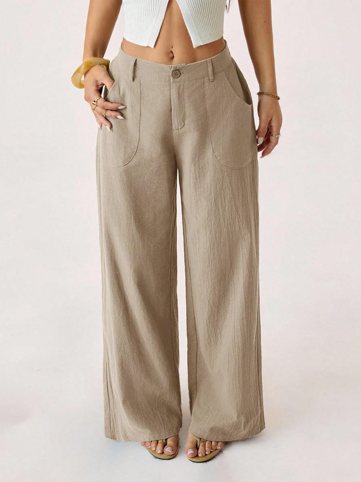 Pantaloni Da Donna Primaverili In Cotone E Lino A Gamba Larga, Con Vita Media E Tasche Laterali.