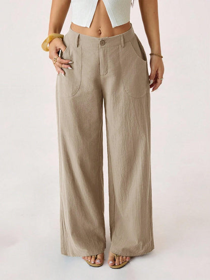 Pantaloni Da Donna Primaverili In Cotone E Lino A Gamba Larga, Con Vita Media E Tasche Laterali.