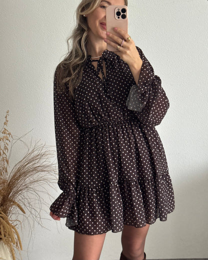 Abito Estivo da Donna a Pois Marrone con Vita Elastica e Maniche Lunghe