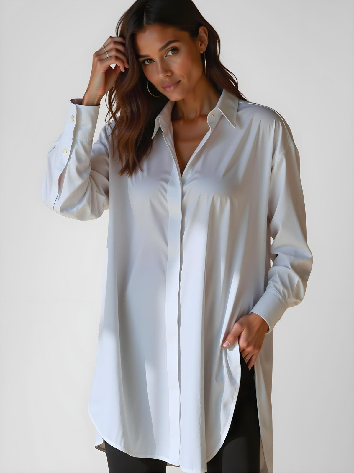 Women's Oversized Shirt Dress with Notched Collar, Front Buttons, Side Slit – Cotton Style