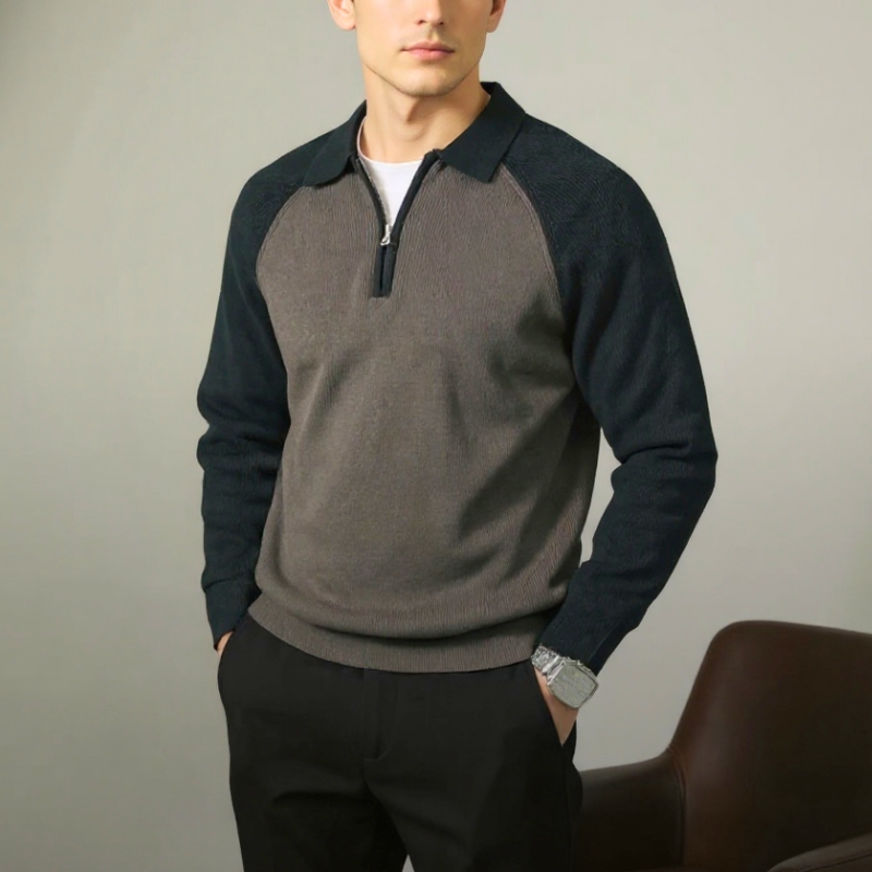 Herre business sweater med lynlås, polo-krave og raglanærmer – Strikstil