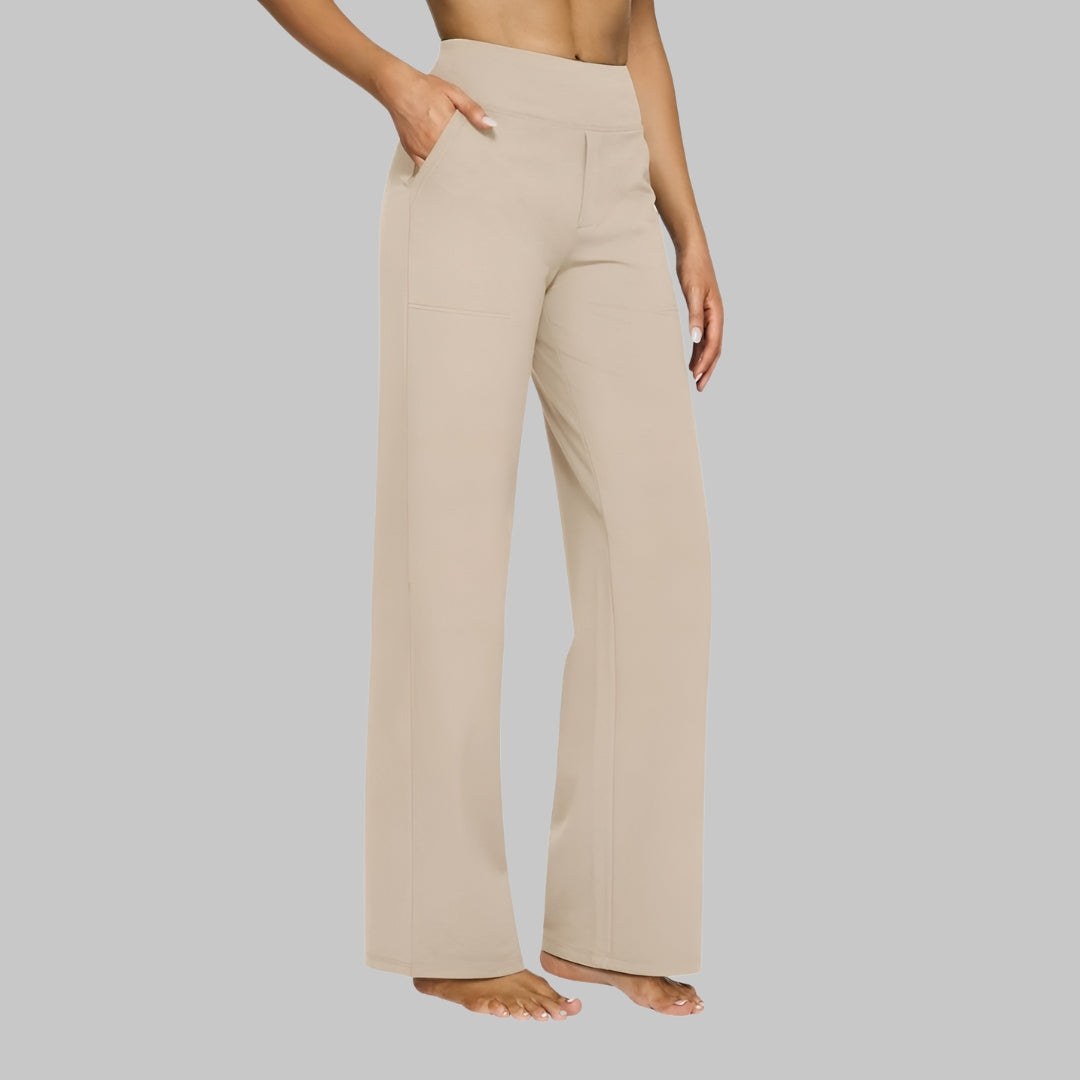 Pantaloni beige a gamba larga da donna, vita alta, tasche laterali, tessuto morbido e confortevole, moda casual elegante.