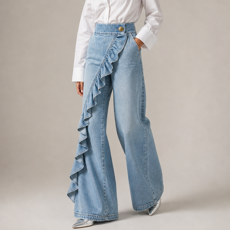 Pantaloni Gonna Donna a Vita Alta con Volant e Gamba Larga – Stile Elegante Casual