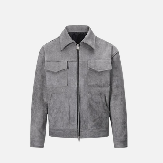 Men's gray suede cargo jacket with four front pockets, a pointed collar, and a zip closure.