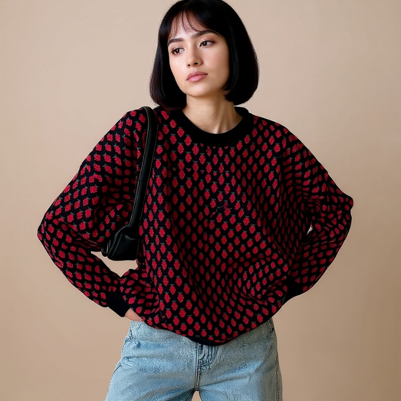 Maglione Donna Oversize con Stampa Fragole e Girocollo – Stile Casual