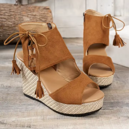 Cuñas de verano para mujer con plataforma de yute trenzado, cordones en el tobillo, punta abierta – Estilo yute