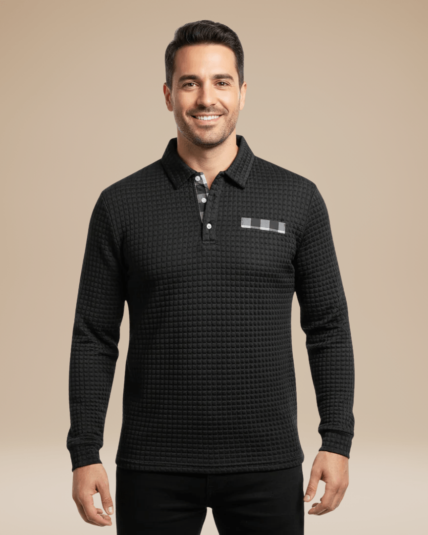 Polo de hombre de punto tipo panal con escote abotonado y mangas largas