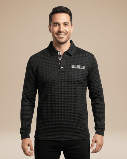 Polo de hombre de punto tipo panal con escote abotonado y mangas largas