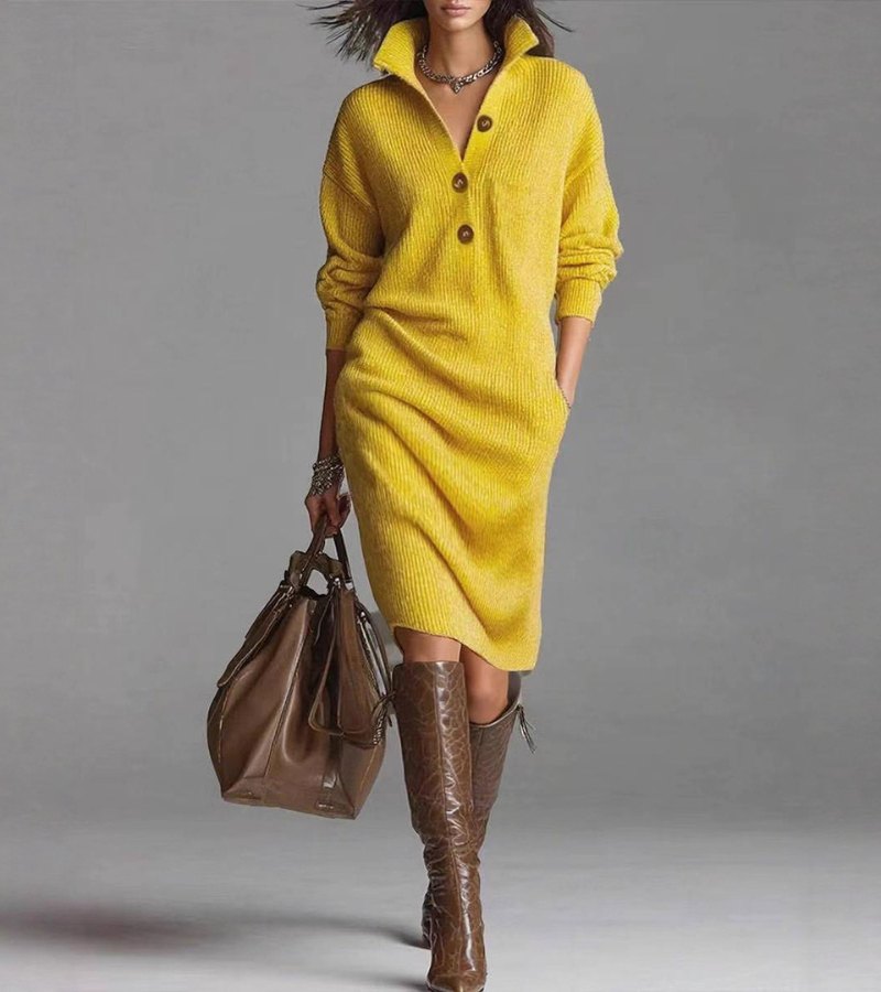 Abito Invernale Donna Maglia Colletto Bottoni Maniche Lunghe Tasche Laterali