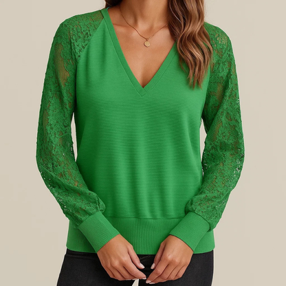 Maglione Donna Scollo a V Lavorazione a Coste Maniche in Pizzo Floreale