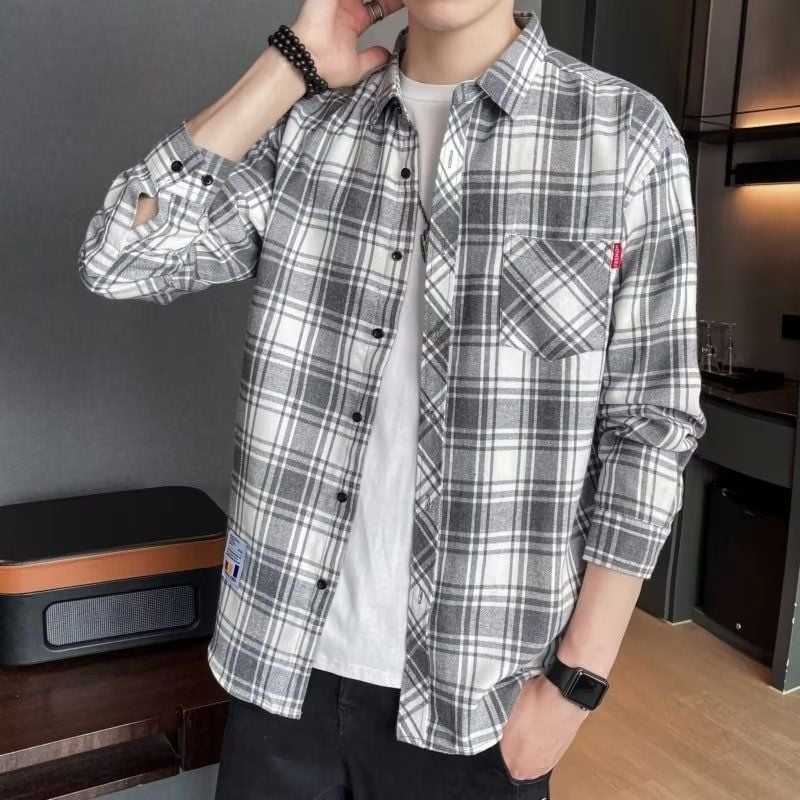 Camisa de Hombre Primaveral de Manga Larga con Motivo Escocés y Corte Slim