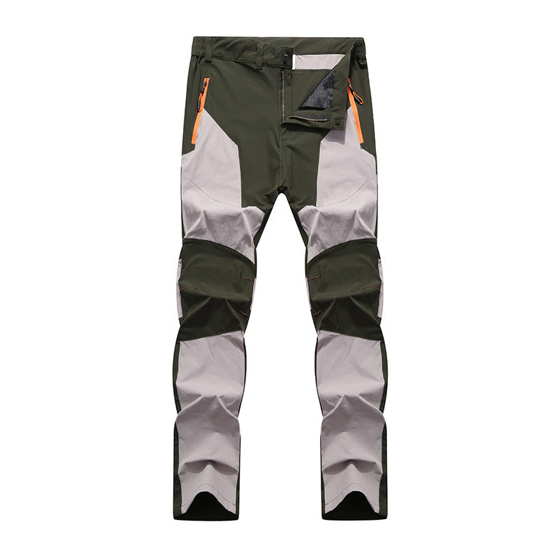 Pantaloni trekking uomo, multicolore, con tasche arancioni e rinforzi sulle ginocchia. Ideali per escursionismo e attività outdoor.