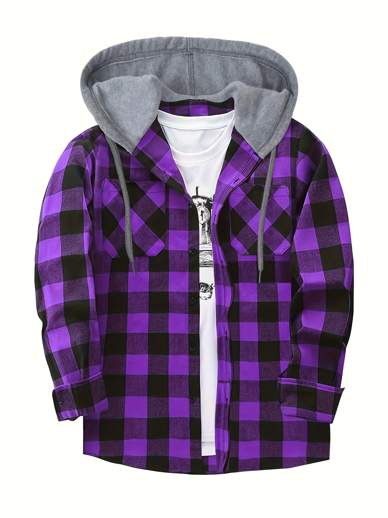 Men's Autumn Flannel Shirt-Jacket with Hood and Checkered Pattern