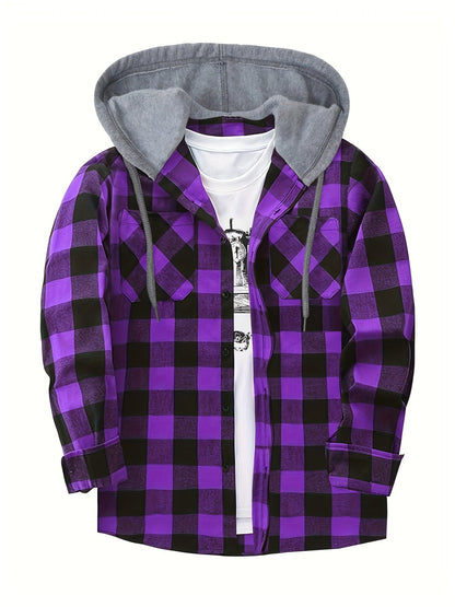 Men's Autumn Flannel Shirt-Jacket with Hood and Checkered Pattern
