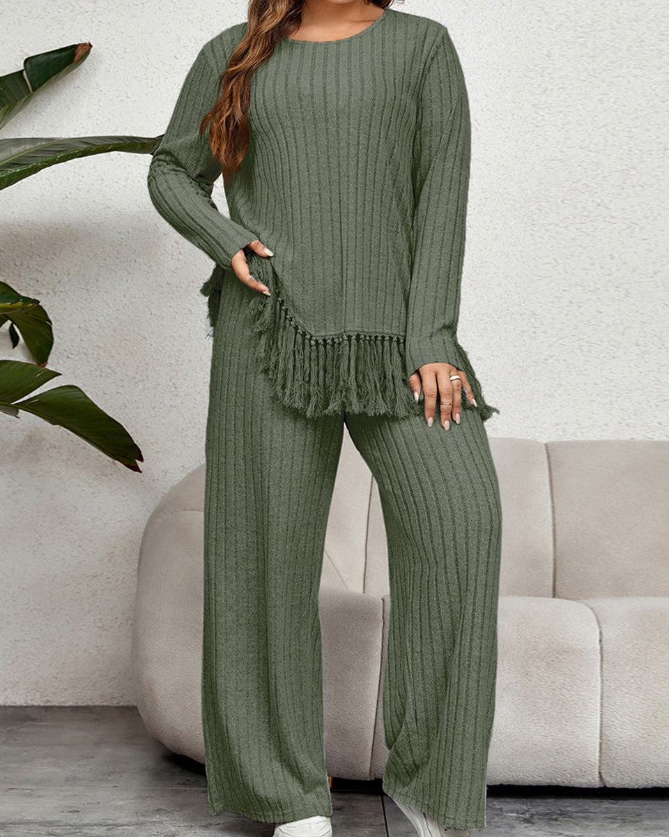 Women's Curvy Two-Piece Set with Fringed Top and Wide-Leg Pants – Casual Outfit