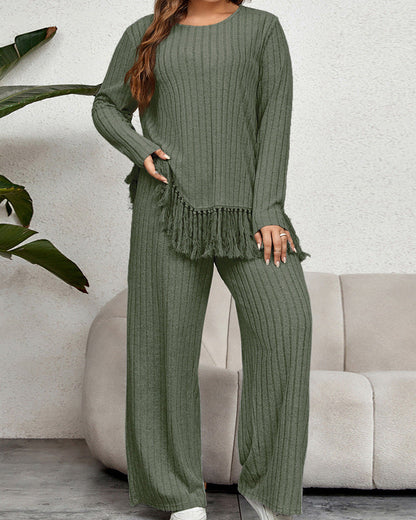 Women's Curvy Two-Piece Set with Fringed Top and Wide-Leg Pants – Casual Outfit