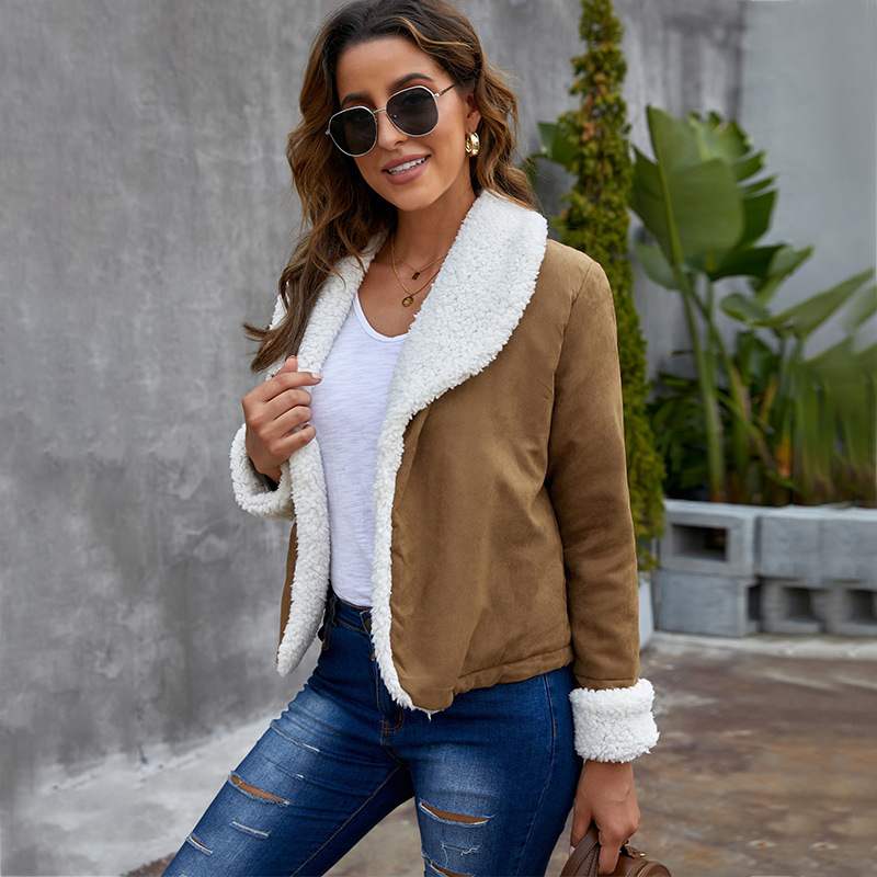 Women's Autumn Jacket in Faux Suede Leather with Long Sleeves and Solid Color