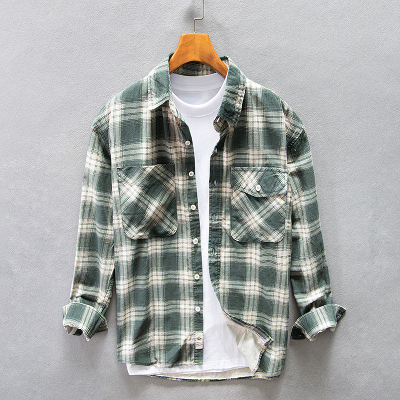 Camisa de hombre de otoño a cuadros de algodón, corte holgado y manga larga.