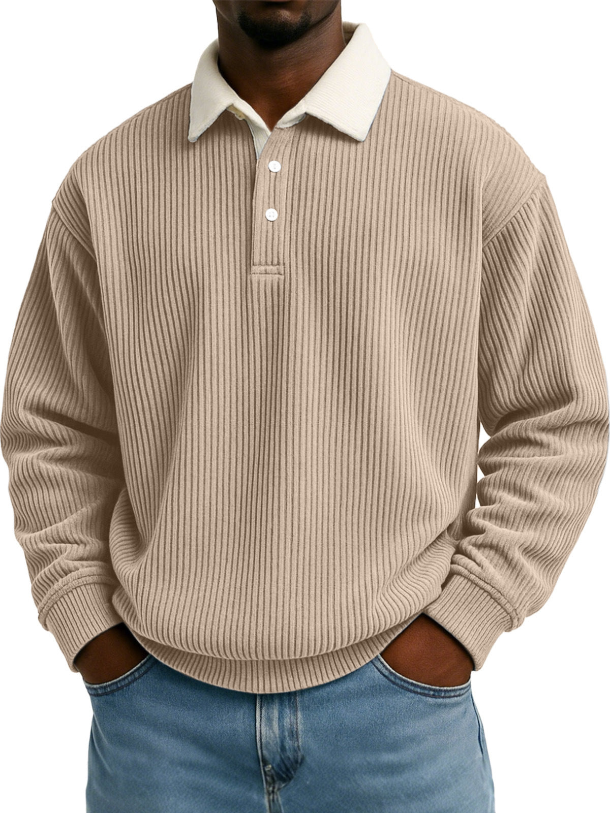 Camisa de hombre de pana retro color block con estampado de rayas y manga larga