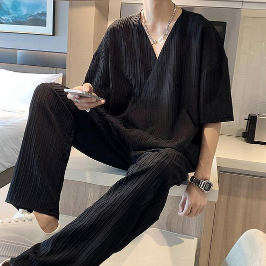 Men's Two-Piece Suit with Short-Sleeve Shirt and Straight Pants – Four-Season Casual Style