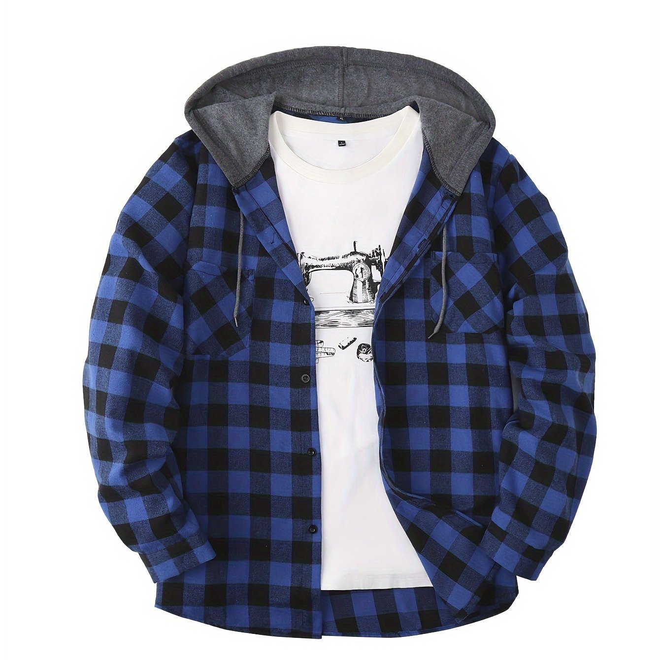 Men's Autumn Flannel Shirt-Jacket with Hood and Checkered Pattern
