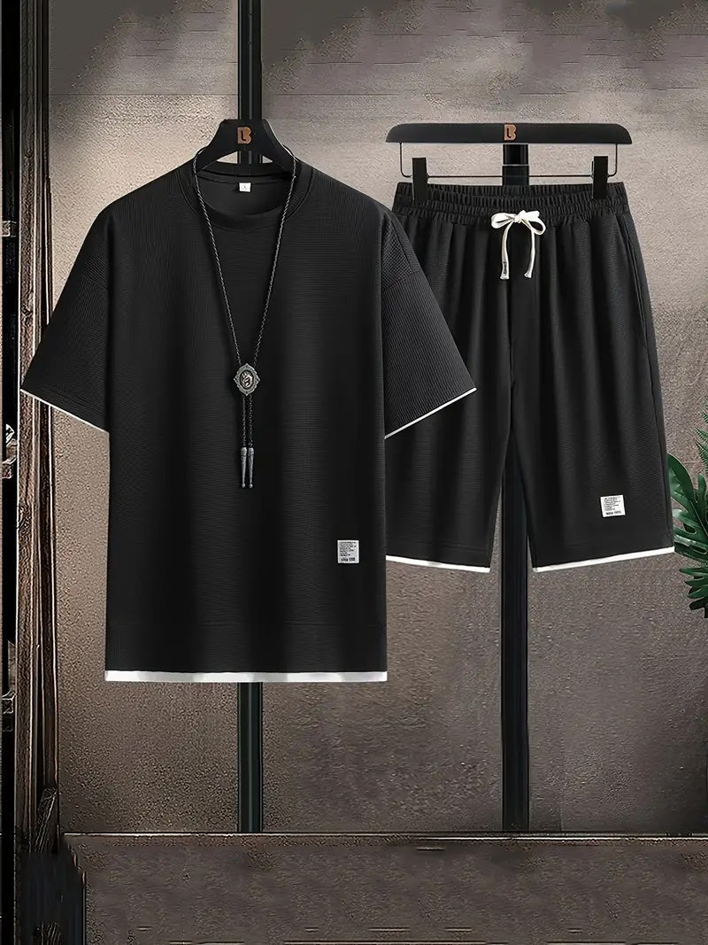 Completo Uomo Due Pezzi con T-Shirt e Pantaloncini in Tessuto a Nido d'Ape