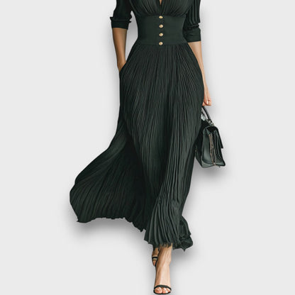 Women's Maxi Dress with Long Sleeves, Notched Collar, and Pleated Skirt – Elegant Formal Dress