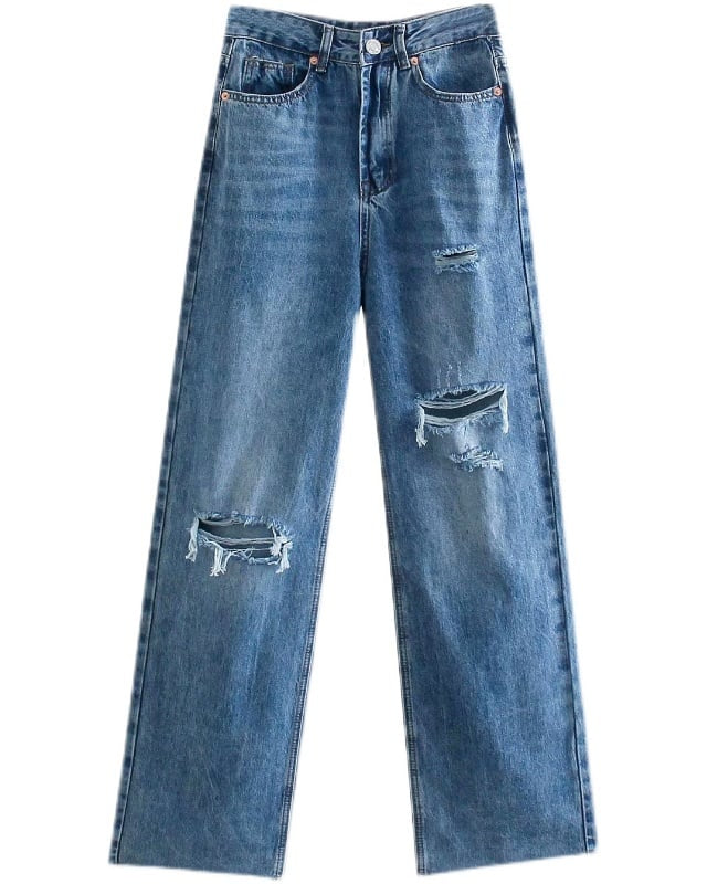 Women's Dark Blue Wide and Straight Leg Pants with Zip and Button Closure