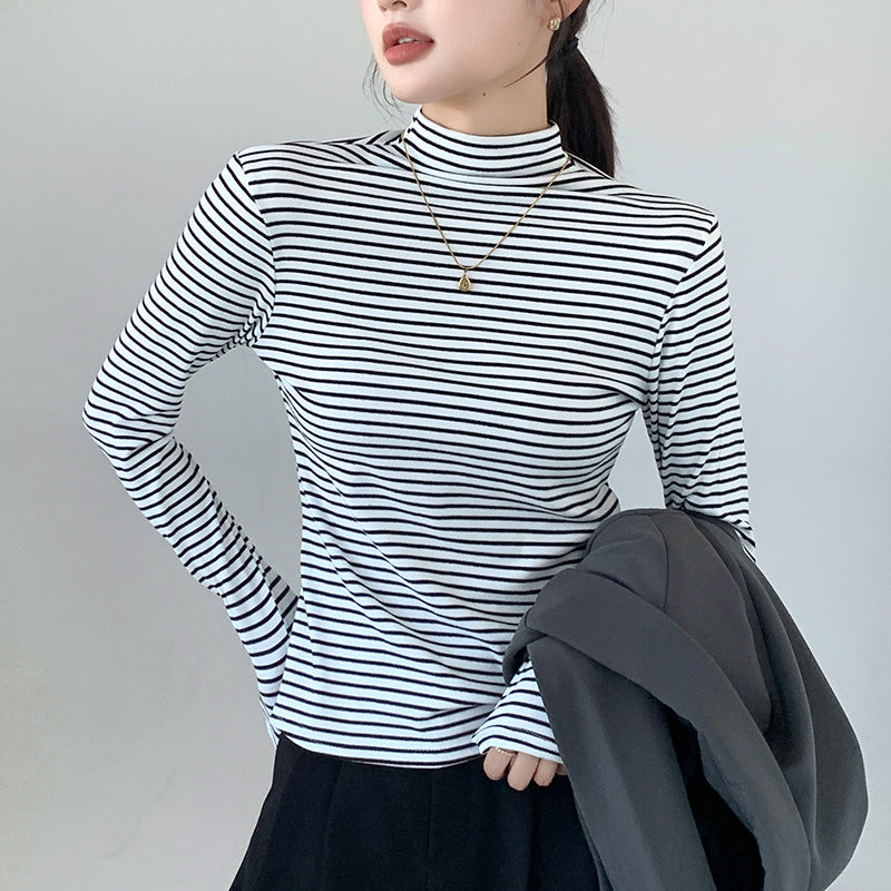 Women's Long Sleeve Sweater with Half Collar and Thin Stripes