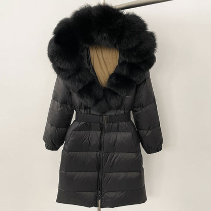 Women's Winter Coat with Long Hood and Removable Fur Collar