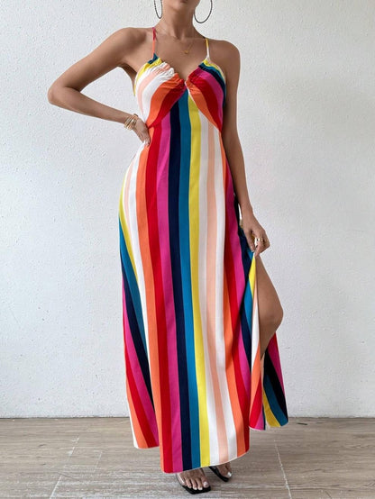 Abito Midi Donna a Righe Arcobaleno Senza Maniche – Abito Bodycon Elegante
