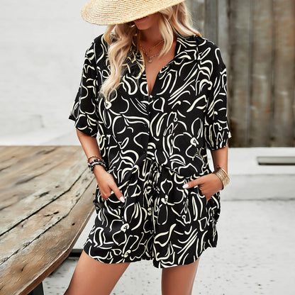 Women's Two-Piece Set with Printed Shirt and Shorts – Casual Summer Outfit